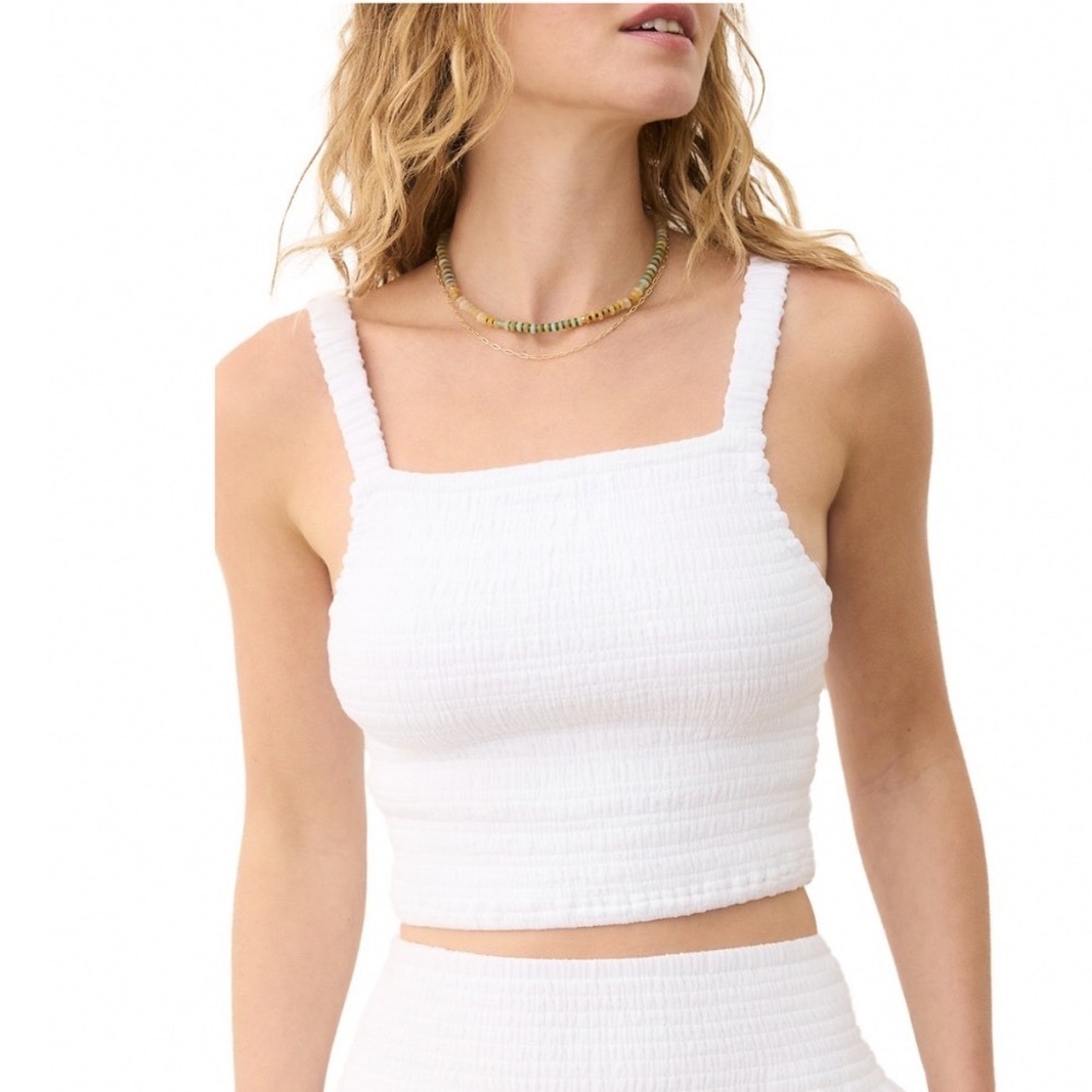 Marine‎ Layer Lila Smocked Tank Top White Square Neck Cropped Cotton Size Large